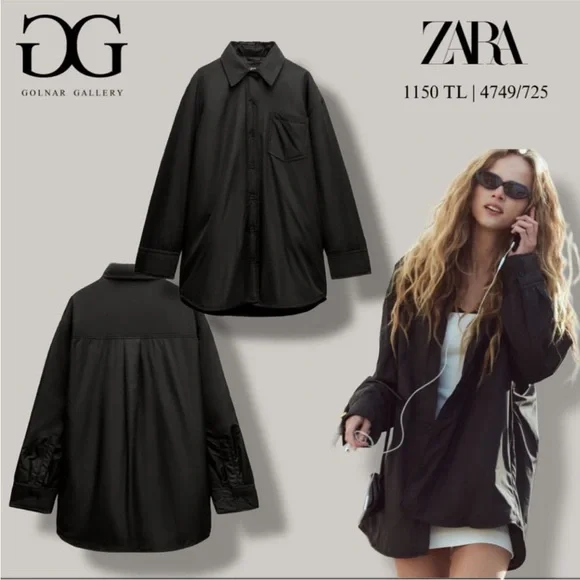 Zara Black Water Repellent Quilted Overshirt shirt Jacket button closure NWT - Picture 5 of 16